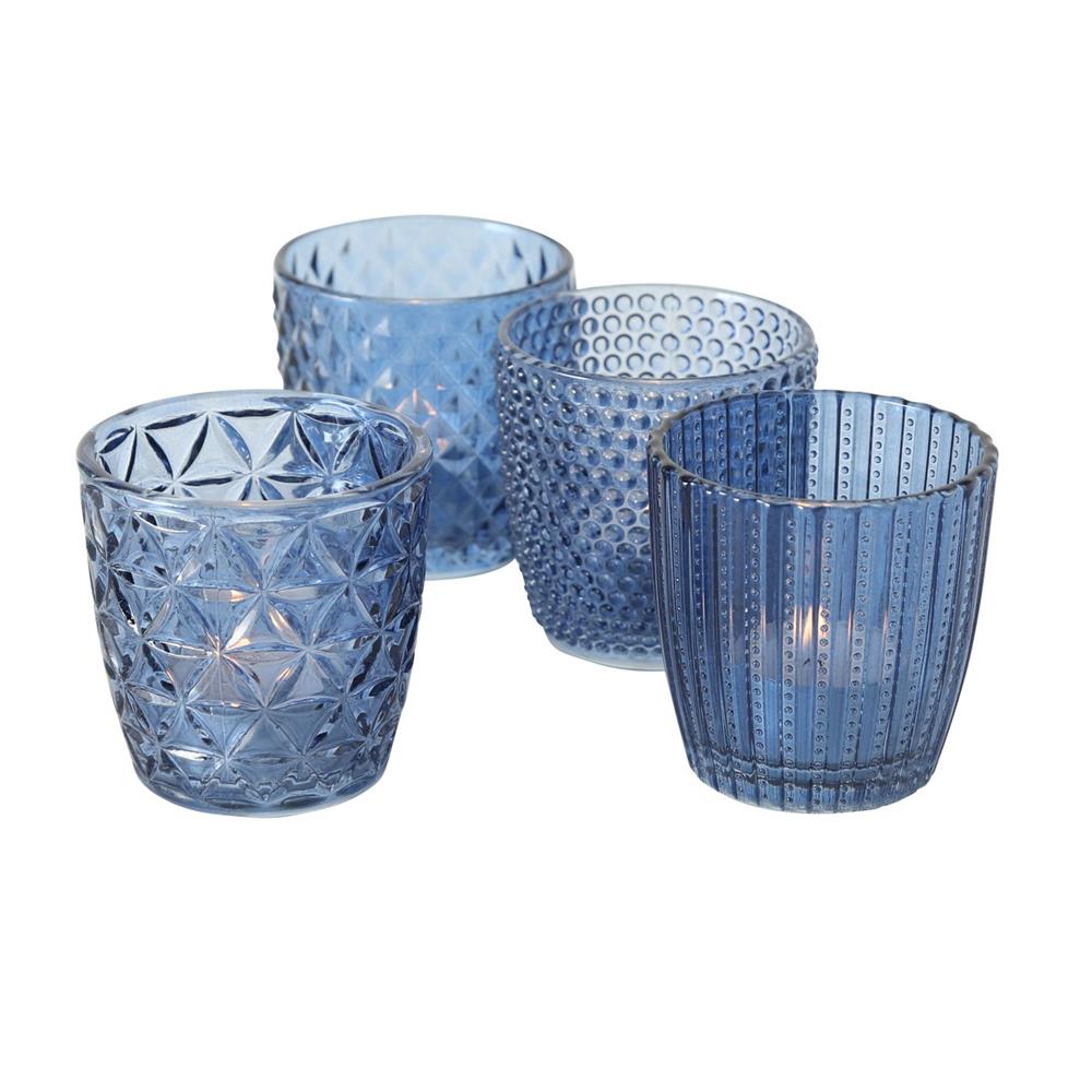 BOLTZE Windlicht Marilu 4er Set Blau Glas 7,5 x 7,5 cm Reliefoberfläche