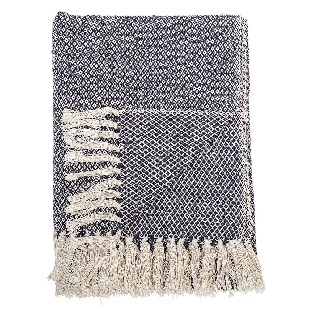 Bloomingville Barry Decke 160x130 cm Blau Baumwolle mit Fransen Tagesdecke Kuscheldecke