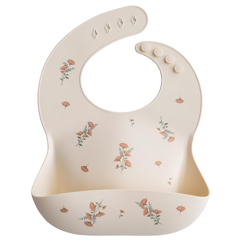 Mushie Silikon-Lätzchen, Pink Flowers, mit Auffangschale, BPA-frei