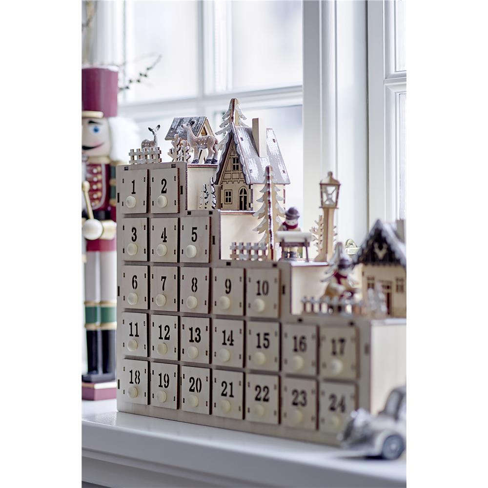 Bloomingville Richie beleuchteter Adventskalender aus Holz, 24 Türchen zum selber befüllen