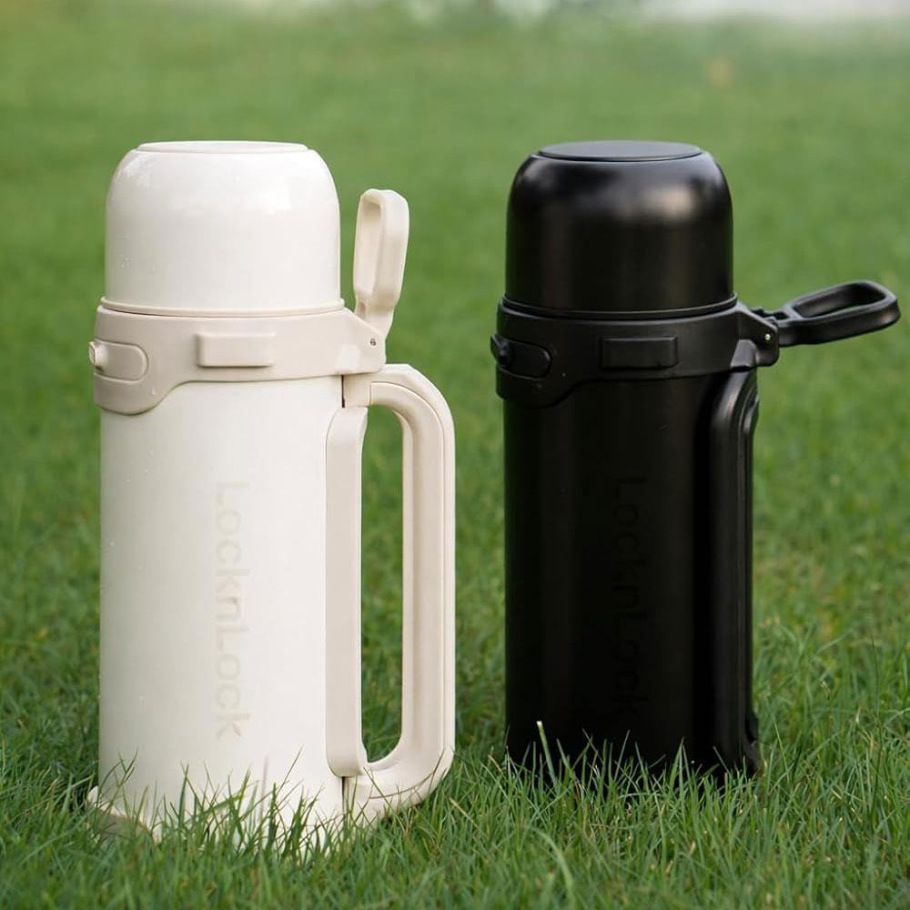 LocknLock Isolierkanne 1,8 L Schwarz - Thermoskanne Edelstahl mit Becher & Tragegurt
