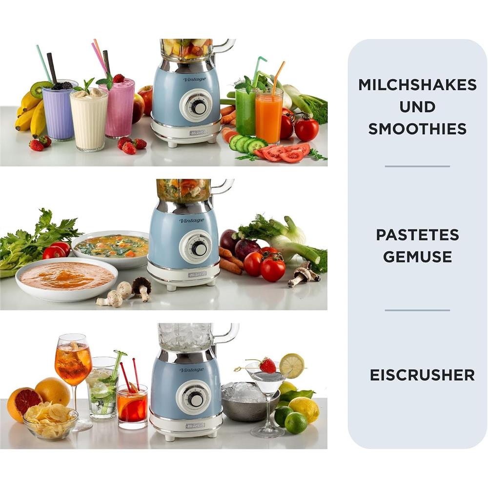 Ariete Vintage Standmixer, Blau, Glasbehälter 1,5L, Smoothie Maker, 1000W