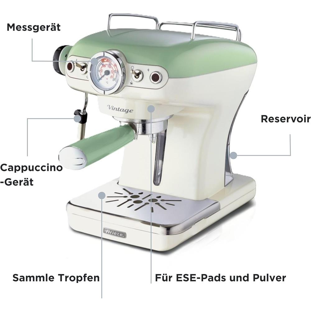 Ariete Vintage Espressomaschine, Grün, Siebträger Kaffeemaschine, 15 Bar