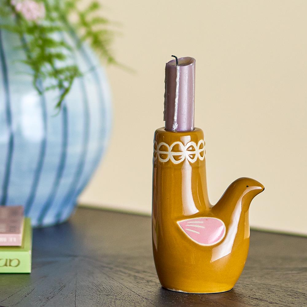 Bloomingville Trudy Kerzenhalter, Vogel, in Braun, aus Steingut, Kerzenständer, im dänischen Design