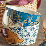 Bloomingville Hezha Schale Blau – Handbemalte Steingutschale mit Vogelmotiv, 460 ml