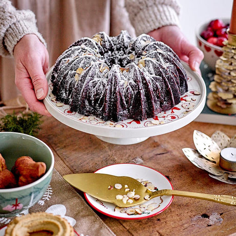 Bloomingville Jolly Tortenständer – Steingut-Kuchenplatte Ø26 cm mit rotem Weihnachtsmotiv, dänisches Design