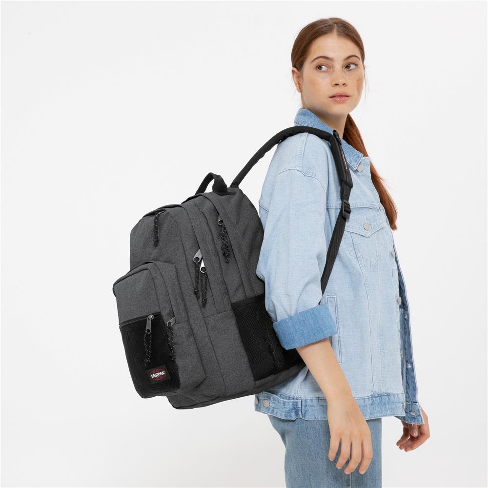 Eastpak PINZIP, Großer Rucksack, Black Denim (grau), 38L, mit Flaschenhalter und Laptopfach