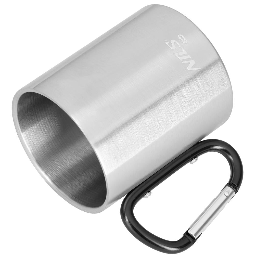 NILS CAMP Campingbecher Edelstahl 300 ml Schwarz - doppelwandiger Outdoor Becher mit Karabiner für Camping