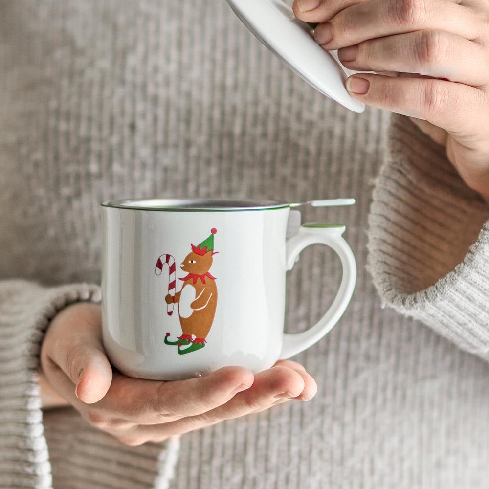 Bloomingville Valentin Tasse mit Deckel und Teesieb – mit Weihnachtsmotiv eines Bären, dänisches Design