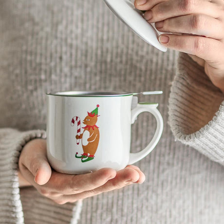 Bloomingville Valentin Tasse mit Deckel und Teesieb – mit Weihnachtsmotiv eines Bären, dänisches Design