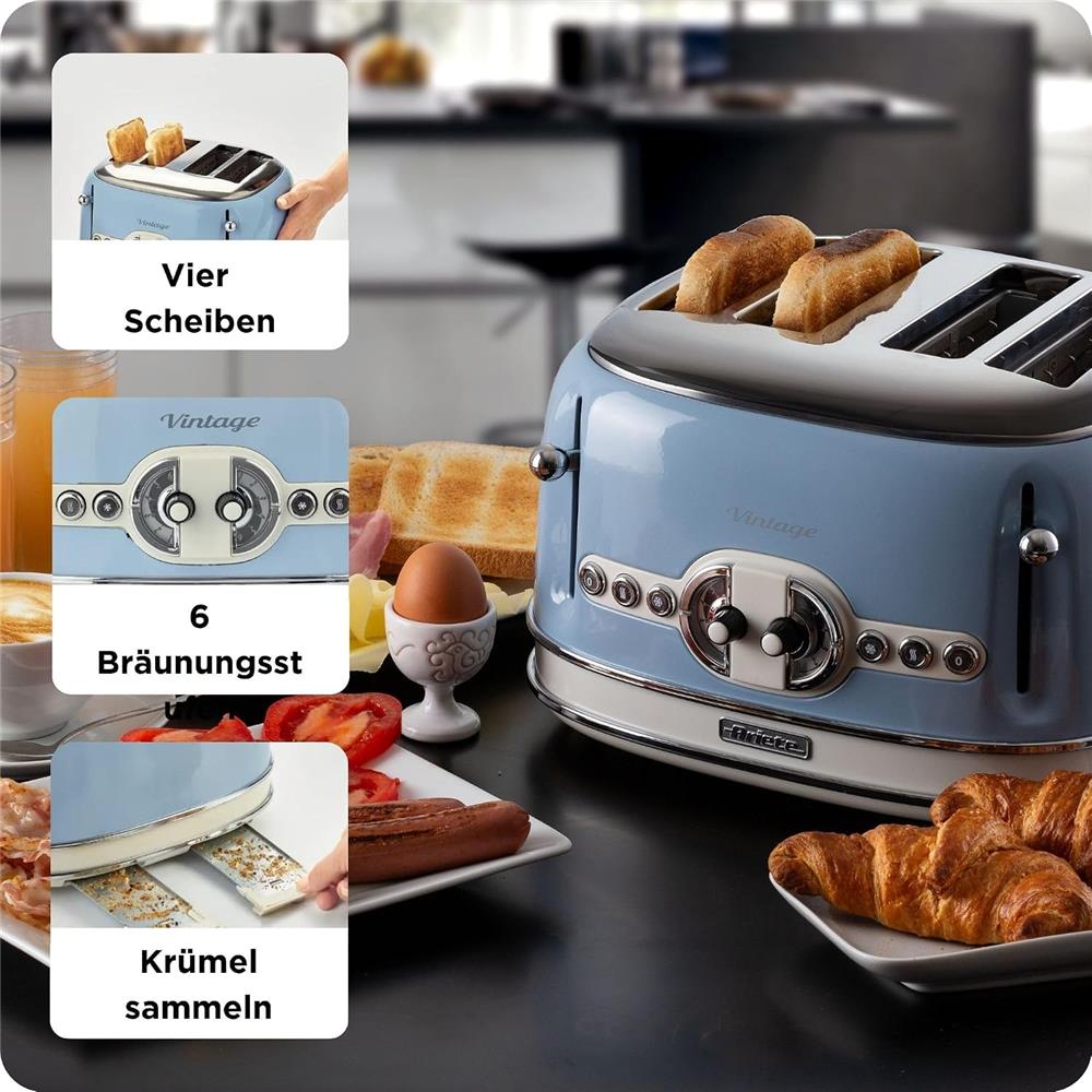 Ariete Vintage Toaster, Blau, 4-Scheiben-Toaster mit 6 Bräunungsstufen, 1600W