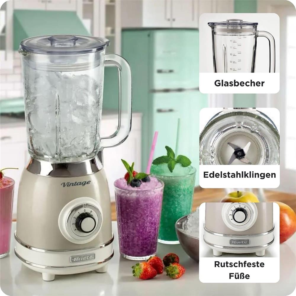 Ariete Vintage Standmixer, Beige, Glasbehälter 1,5L, Smoothie Maker, 1000W