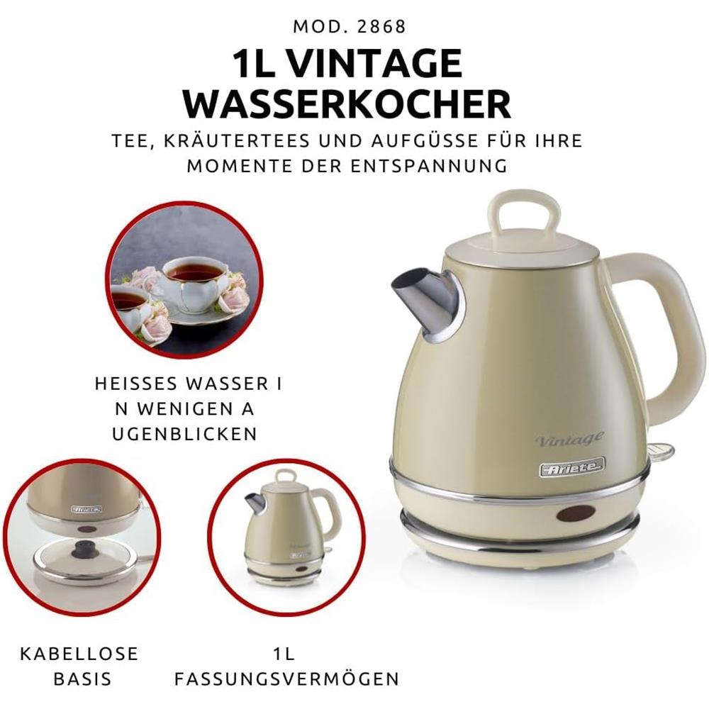 Ariete Vintage Wasserkocher, Beige, Edelstahlkessel, 1630W, Elegantes Retro-Design