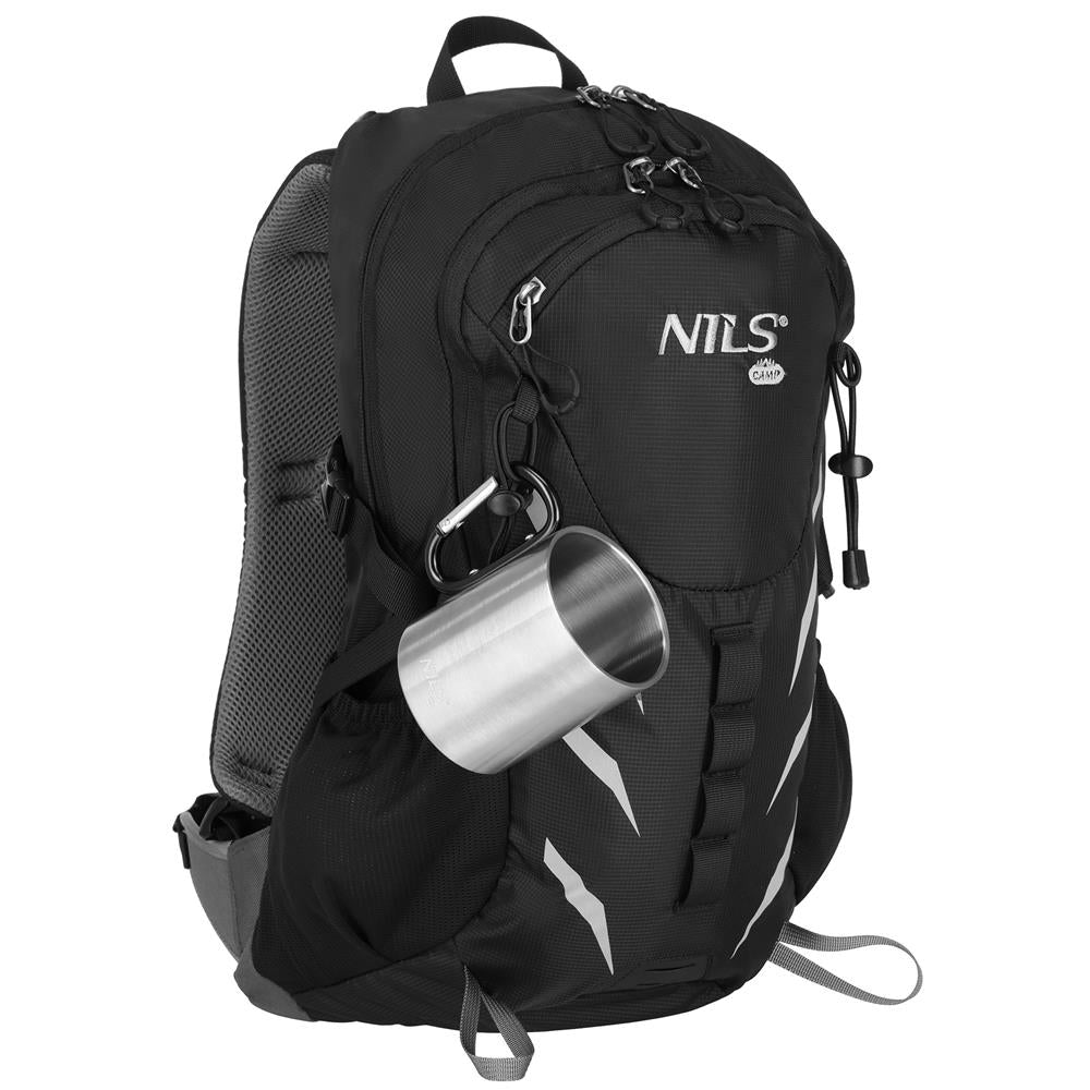 NILS CAMP Campingbecher Edelstahl 300 ml Schwarz - doppelwandiger Outdoor Becher mit Karabiner für Camping