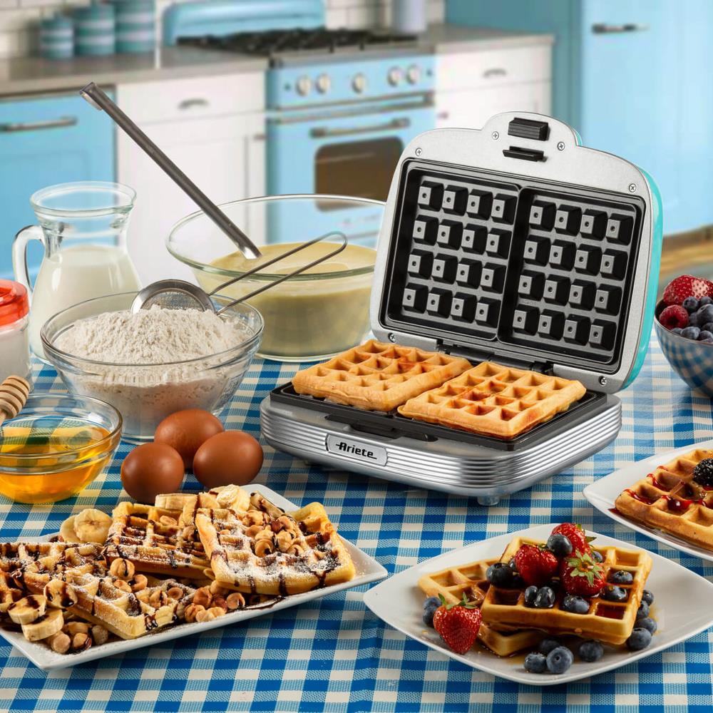 Ariete Party Time Waffeleisen, Blau, Waffel Maker mit Antihaftplatten, Retro-Design, 50er Jahre-Stil