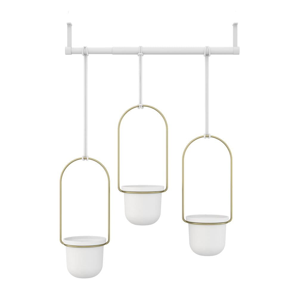 Umbra Triflora Vase Hängeblumentopf Wandvase Blumenampel für Wand und Decke 3er-Set Weiß/Messing