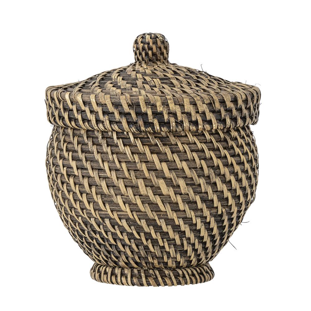 Bloomingville Leoonie Korb mit Deckel, Schwarz, Rattan – dekorative Aufbewahrung mit Naturmuster