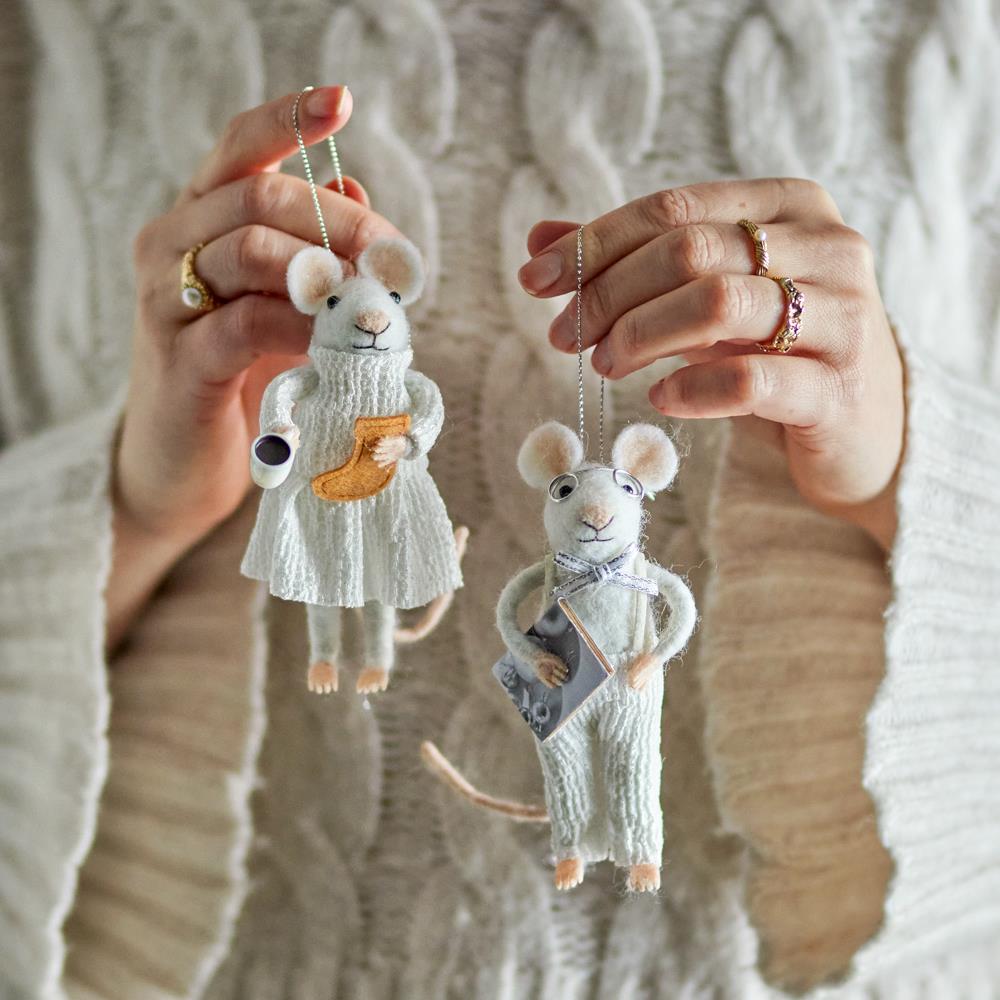 Bloomingville Peo Mäuse Anhänger, Weiß, Wollfiguren 2er Set Weihnachtsdeko