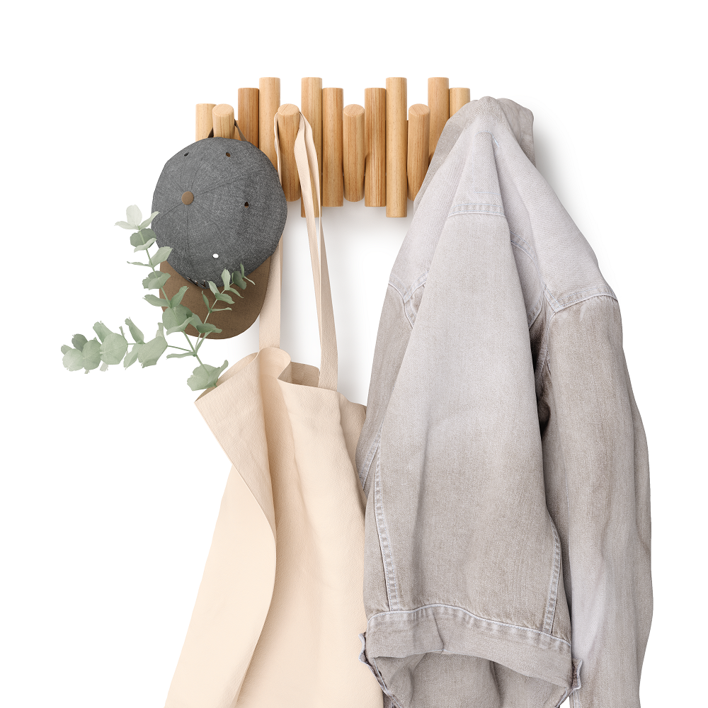 Umbra Picket - Moderne Garderobenleiste mit 5 Garderobenhaken, Natur, aus Kiefernholz