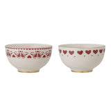 Bloomingville Jolly Schale 2er Set – Steingut Schüsseln mit roten Herzen, Ø14 cm, dänisches Design