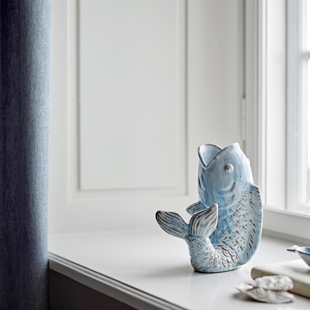 Bloomingville Hiro Vase Blau Steingut Fischform Landhausstil 21cm