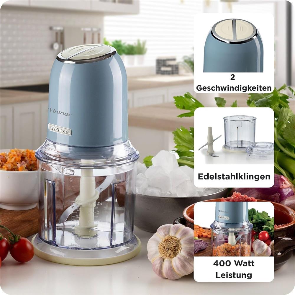 Ariete Vintage Zerkleinerer, Blau, Elektrischer Multizerkleinerer, 600ml, Retro Ice-Crusher