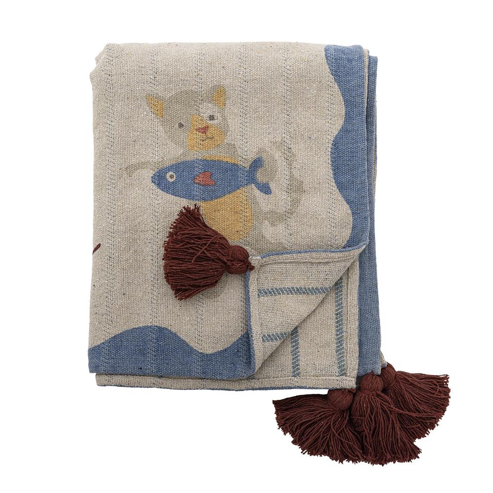 Bloomingville MINI Mille Decke bunt - Kinder Plaid mit Katzenmotiv aus Baumwolle für Sofa & Kinderzimmer