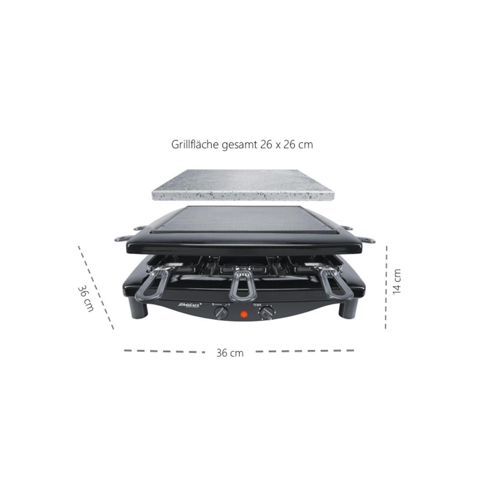 Steba Raclette RC 3 PLUS mit Naturstein & Stahlgussplatte – 8 Pfännchen, 1450 W, Made in Germany