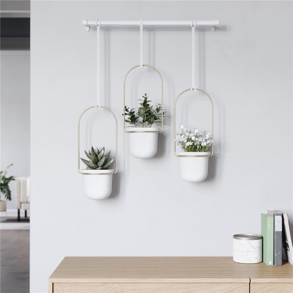 Umbra Triflora Vase Hängeblumentopf Wandvase Blumenampel für Wand und Decke 3er-Set Weiß/Messing