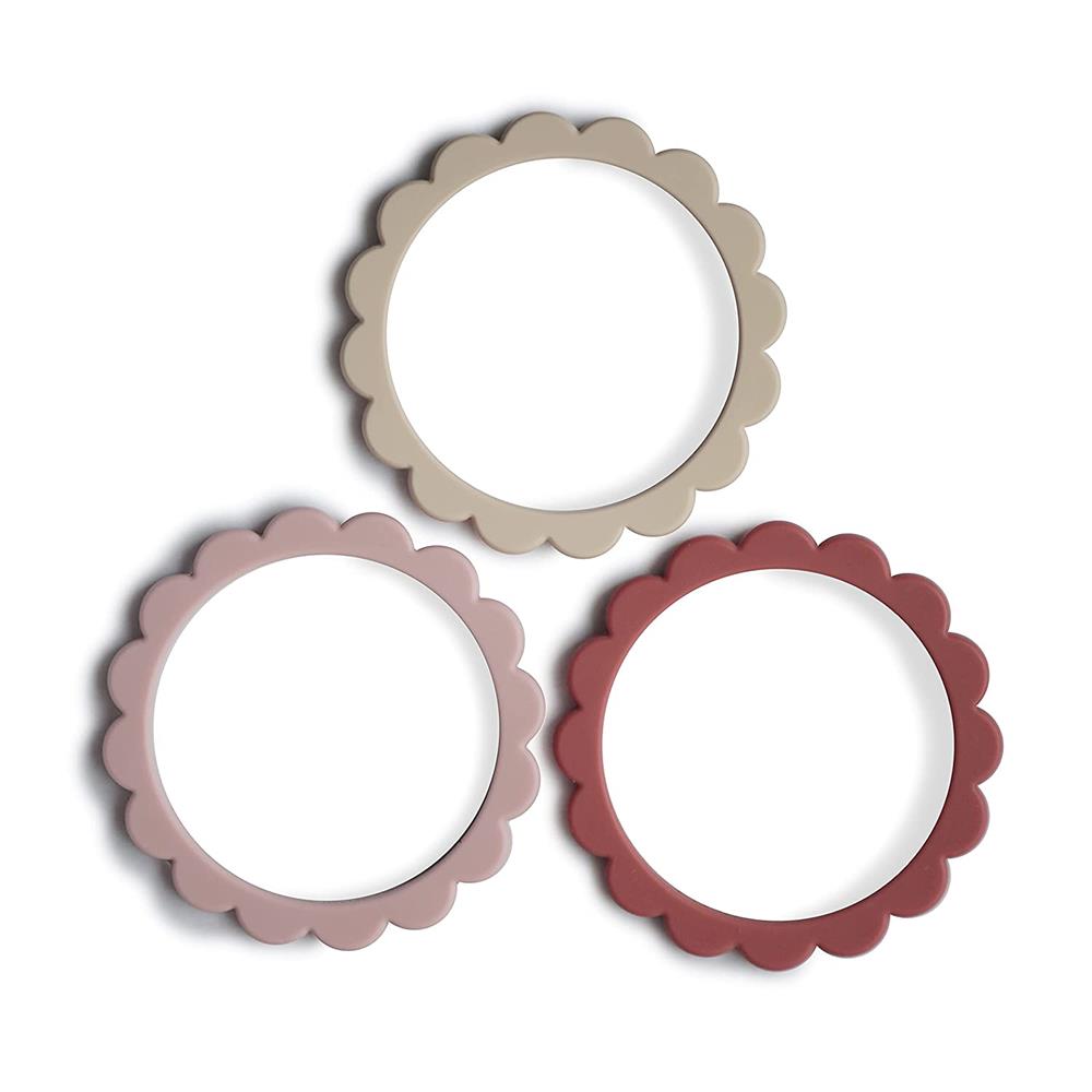 Mushie Beißring Blumen 3er Set, Rose/Blush/Shifting Sand, Armband aus Silikon, BPA-frei
