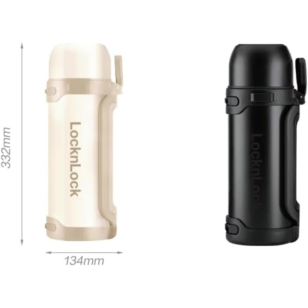 LocknLock Thermoskanne 1,8 L Schwarz, Becher, Edelstahl, Tragegurt, Auslaufsicher